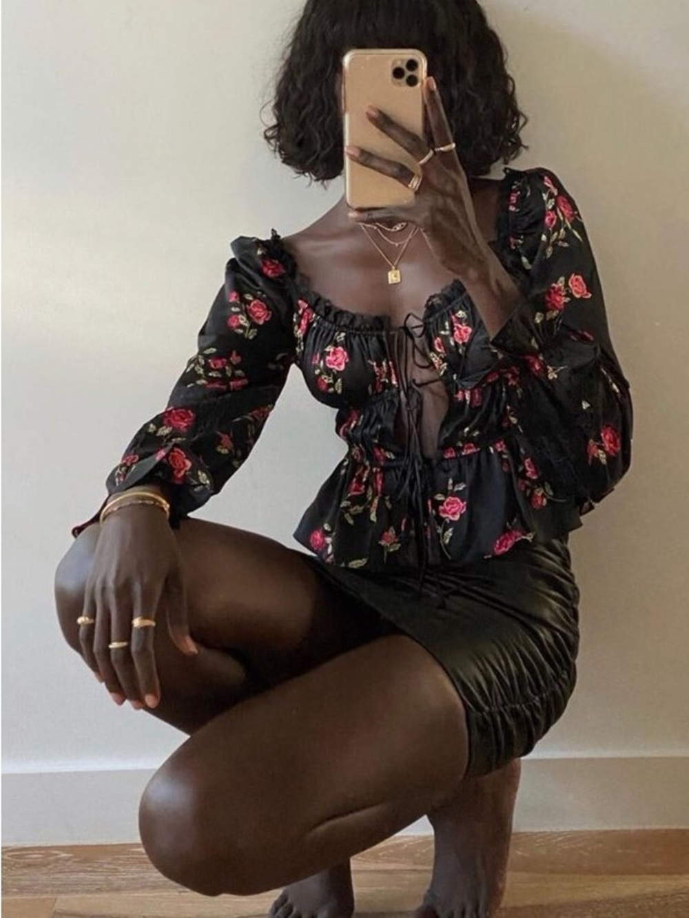 For Love & Lemons SMALL Rosie long sleeve black floral tie front satin blouse